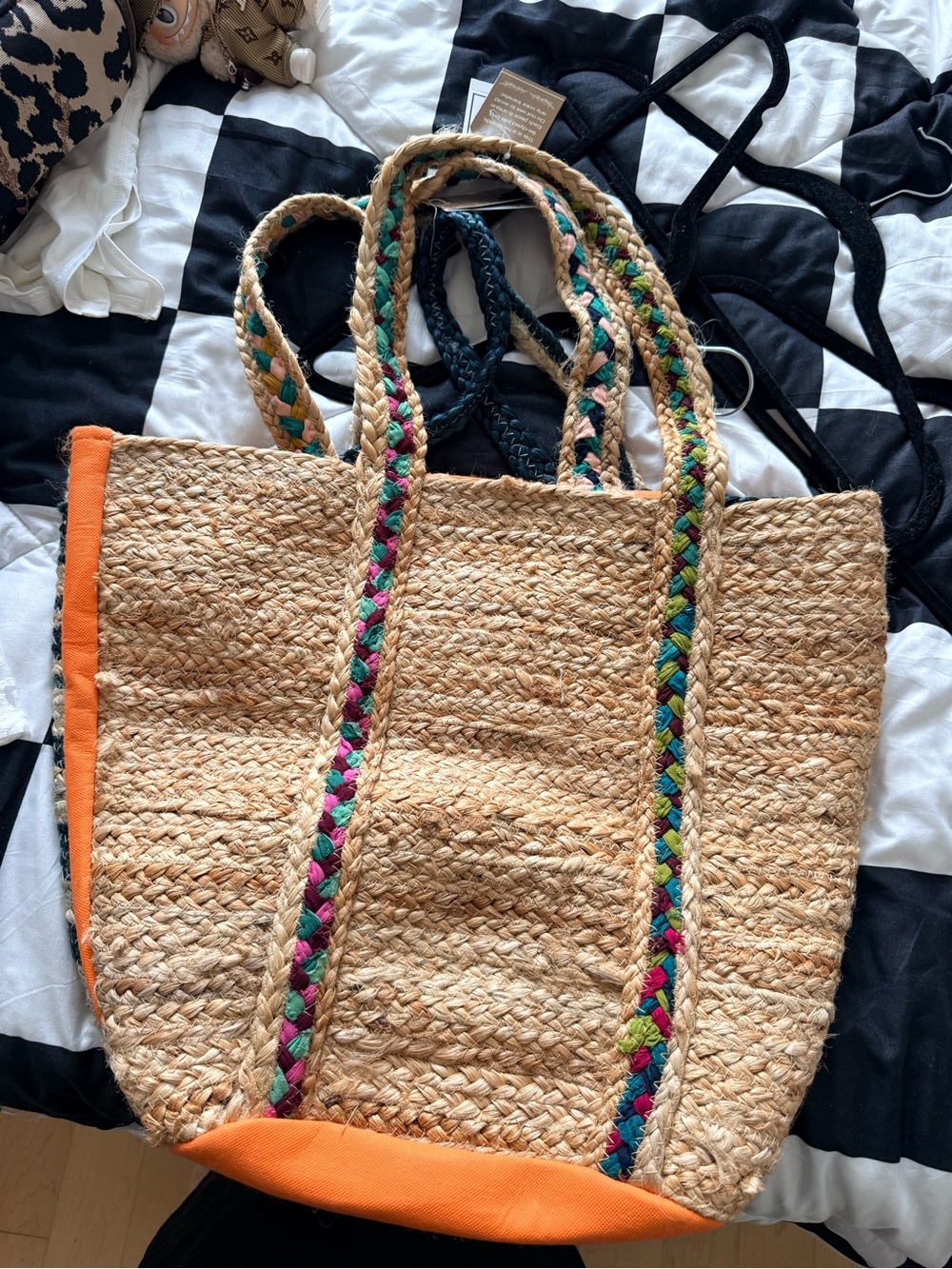 2 Woven Straw Tote Bags with Orange Trim /Blue and Multicolor Braided Handles